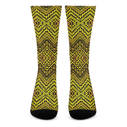 Gold African Ethnic Tribal Pattern Print Crew Socks