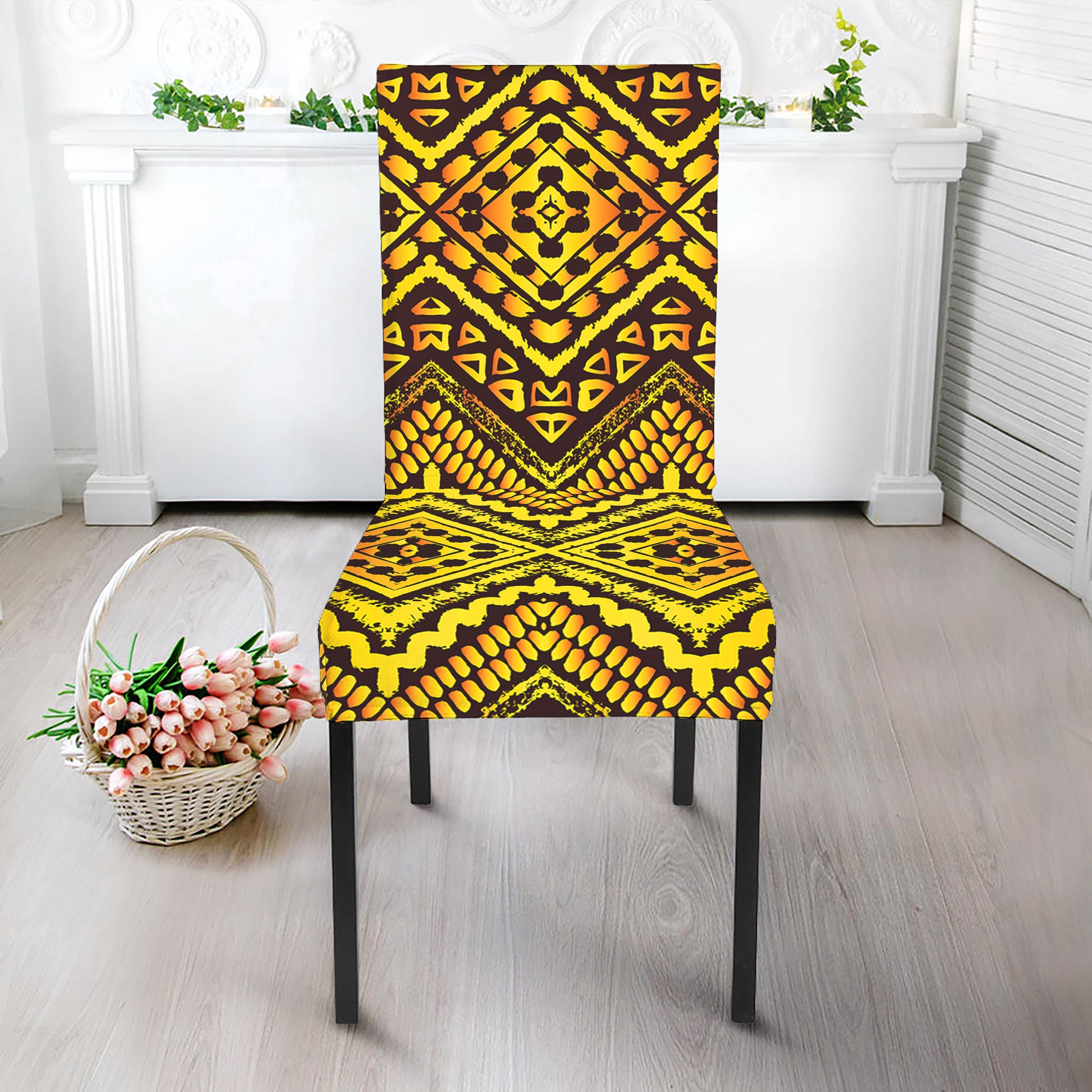 Gold African Ethnic Tribal Pattern Print Dining Chair Slipcover