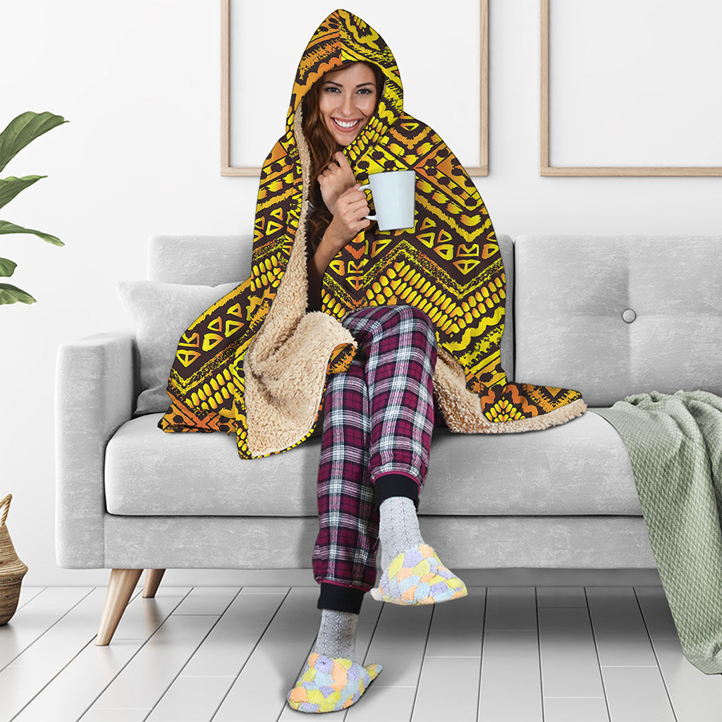 Gold African Ethnic Tribal Pattern Print Hooded Blanket
