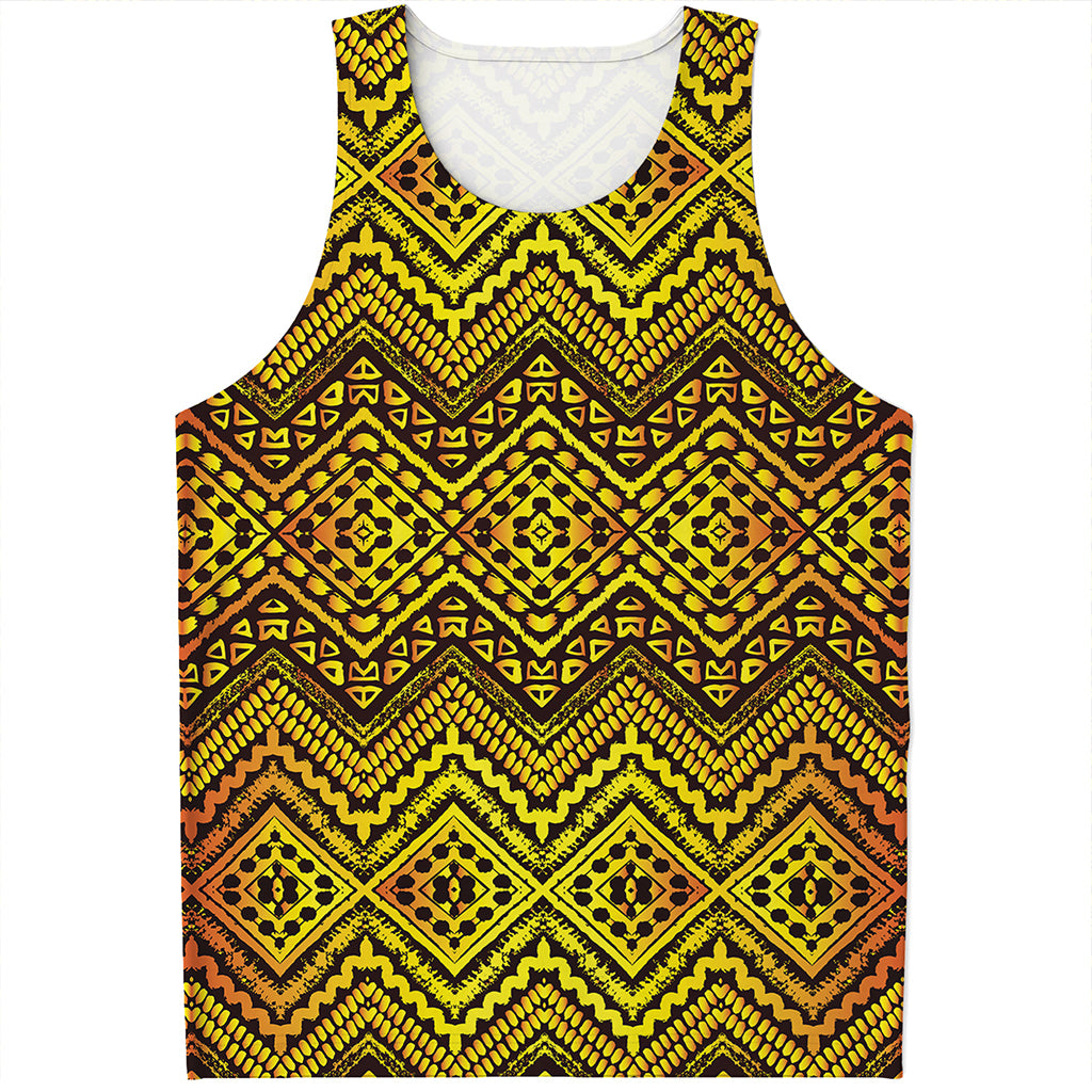 Gold African Ethnic Tribal Pattern Print Men's Tank Top