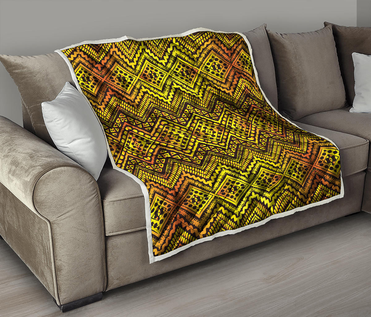 Gold African Ethnic Tribal Pattern Print Quilt