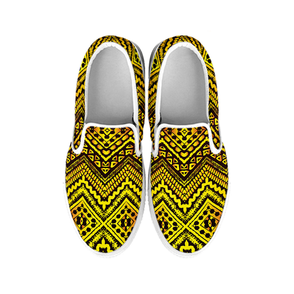 Gold African Ethnic Tribal Pattern Print White Slip On Shoes