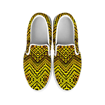 Gold African Ethnic Tribal Pattern Print White Slip On Shoes
