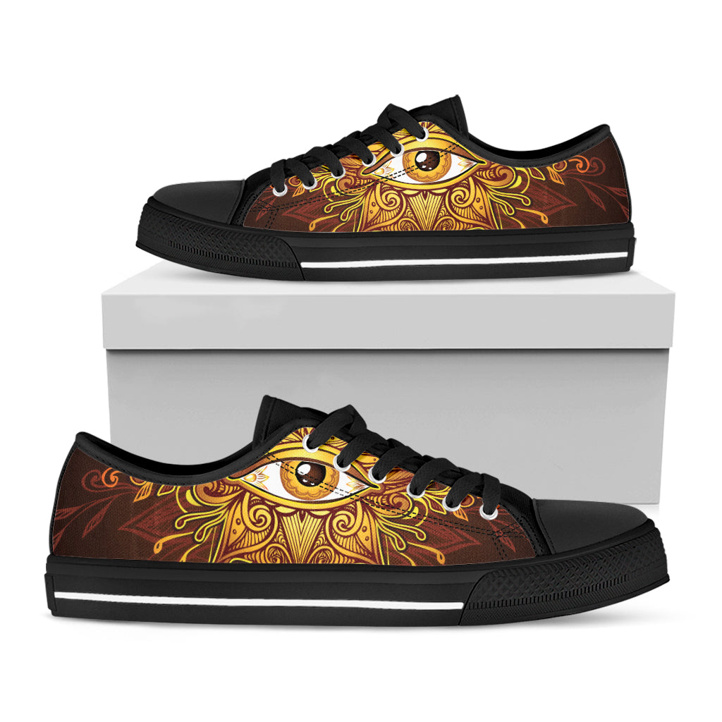 Gold All Seeing Eye Print Black Low Top Shoes 