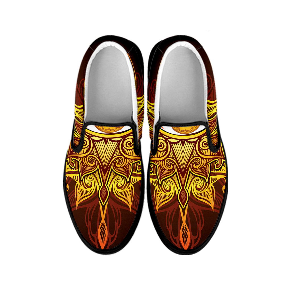 Gold All Seeing Eye Print Black Slip On Shoes