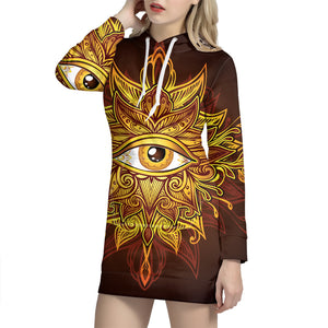 Gold All Seeing Eye Print Pullover Hoodie Dress