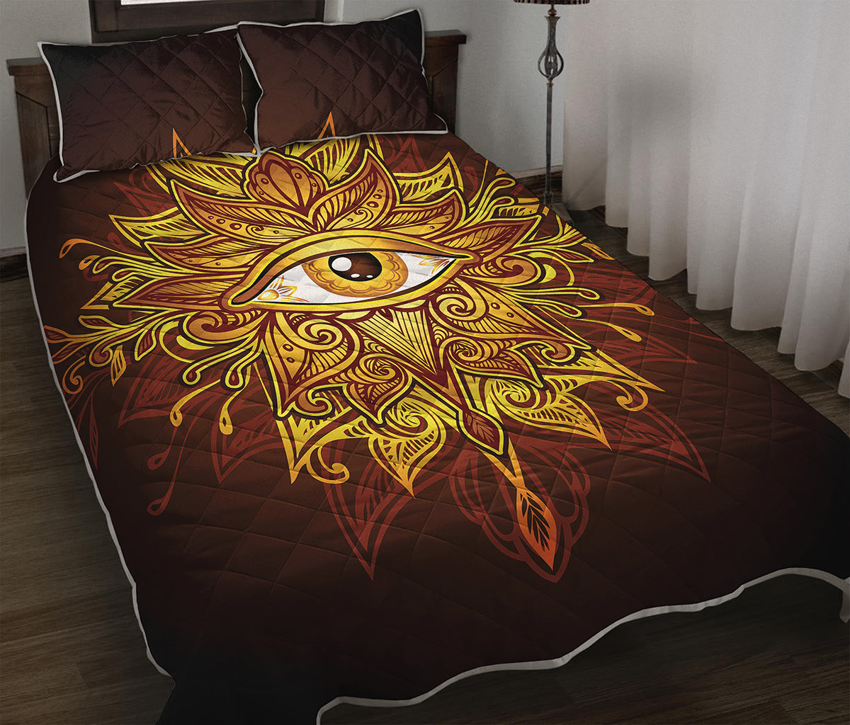 Gold All Seeing Eye Print Quilt Bed Set