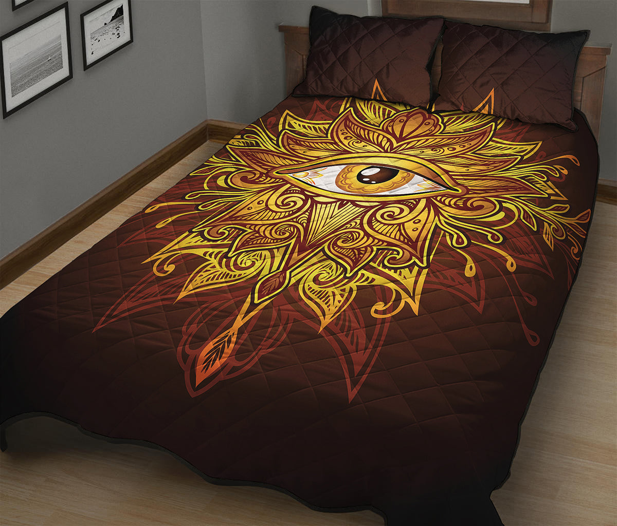 Gold All Seeing Eye Print Quilt Bed Set