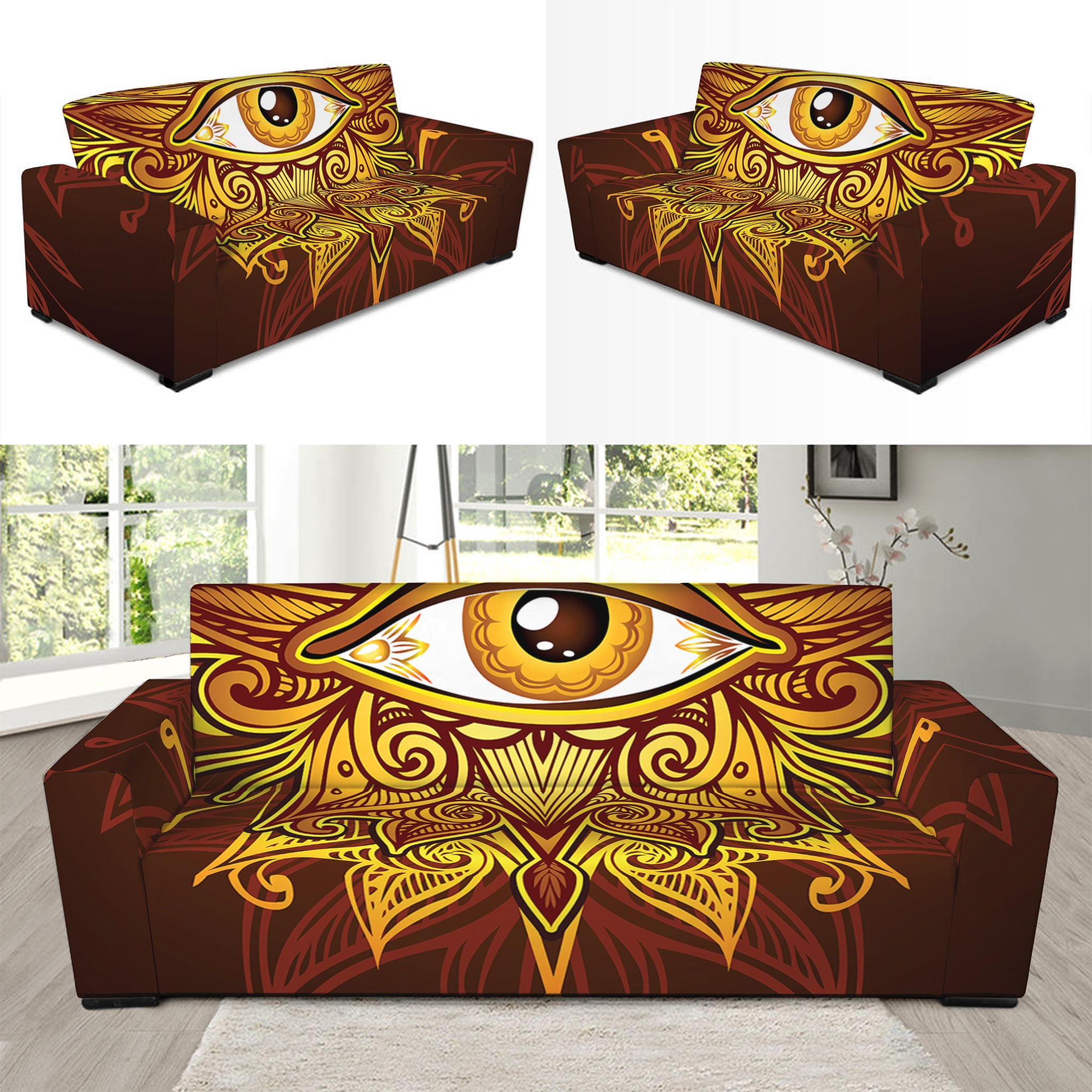 Gold All Seeing Eye Print Sofa Slipcover