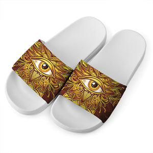 Gold All Seeing Eye Print White Slide Sandals