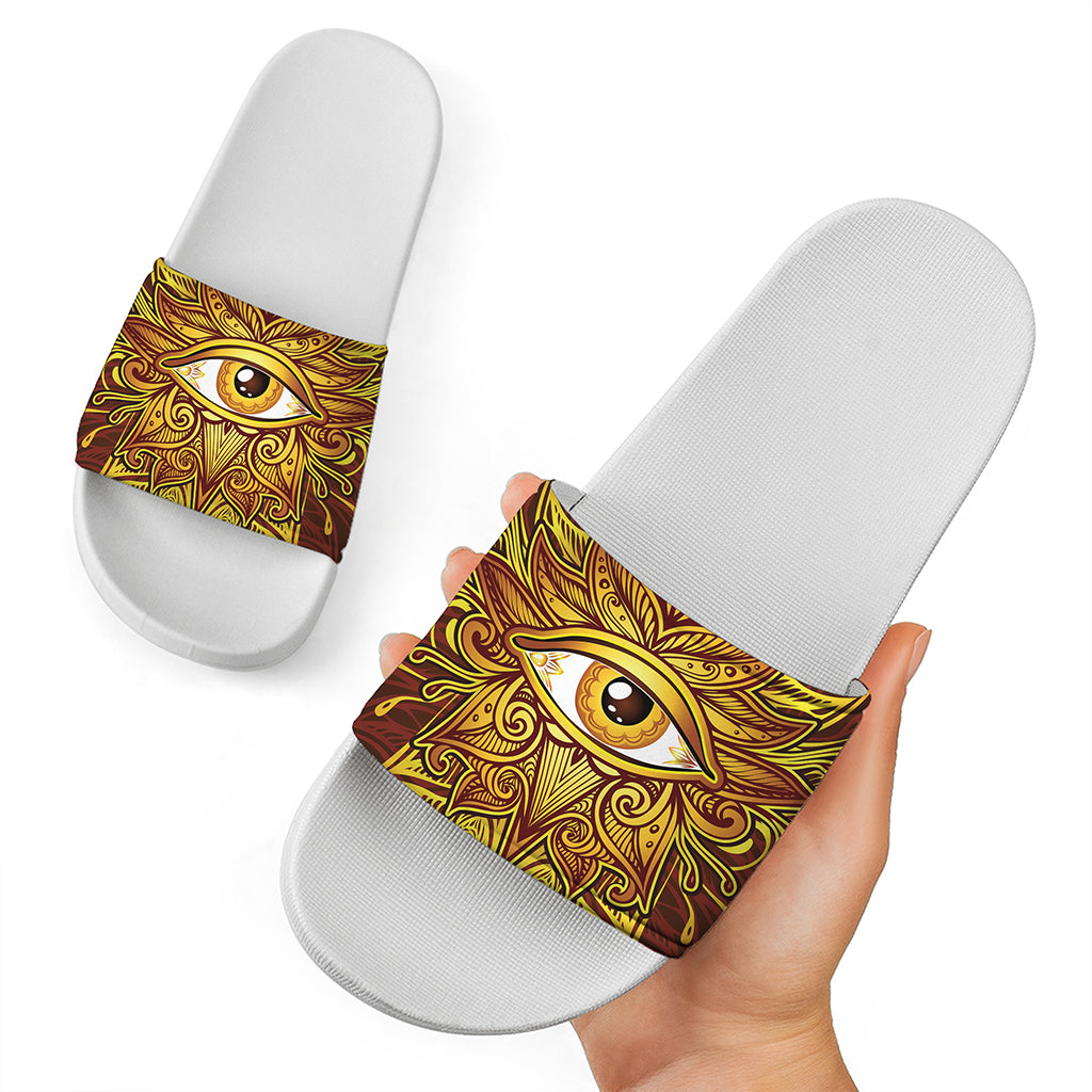 Gold All Seeing Eye Print White Slide Sandals