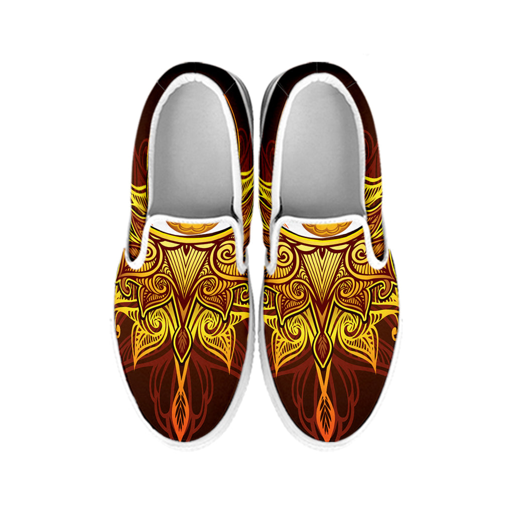 Gold All Seeing Eye Print White Slip On Shoes