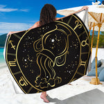 Gold And Black Aquarius Sign Print Beach Sarong Wrap