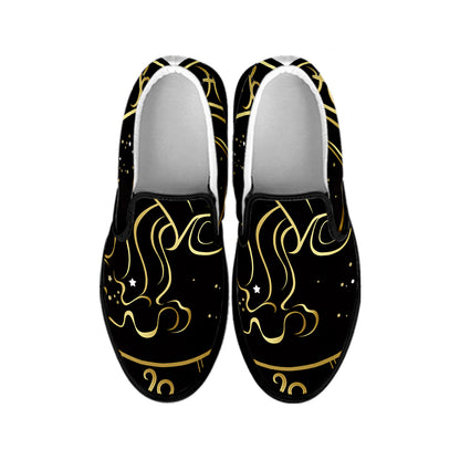 Gold And Black Aquarius Sign Print Black Slip On Shoes