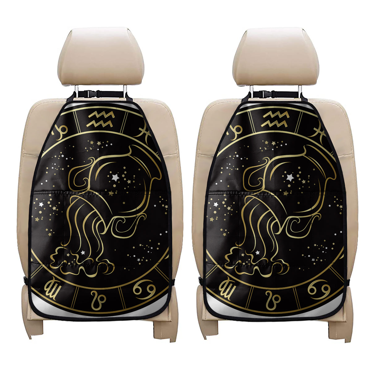 Gold And Black Aquarius Sign Print Car Seat Organizers