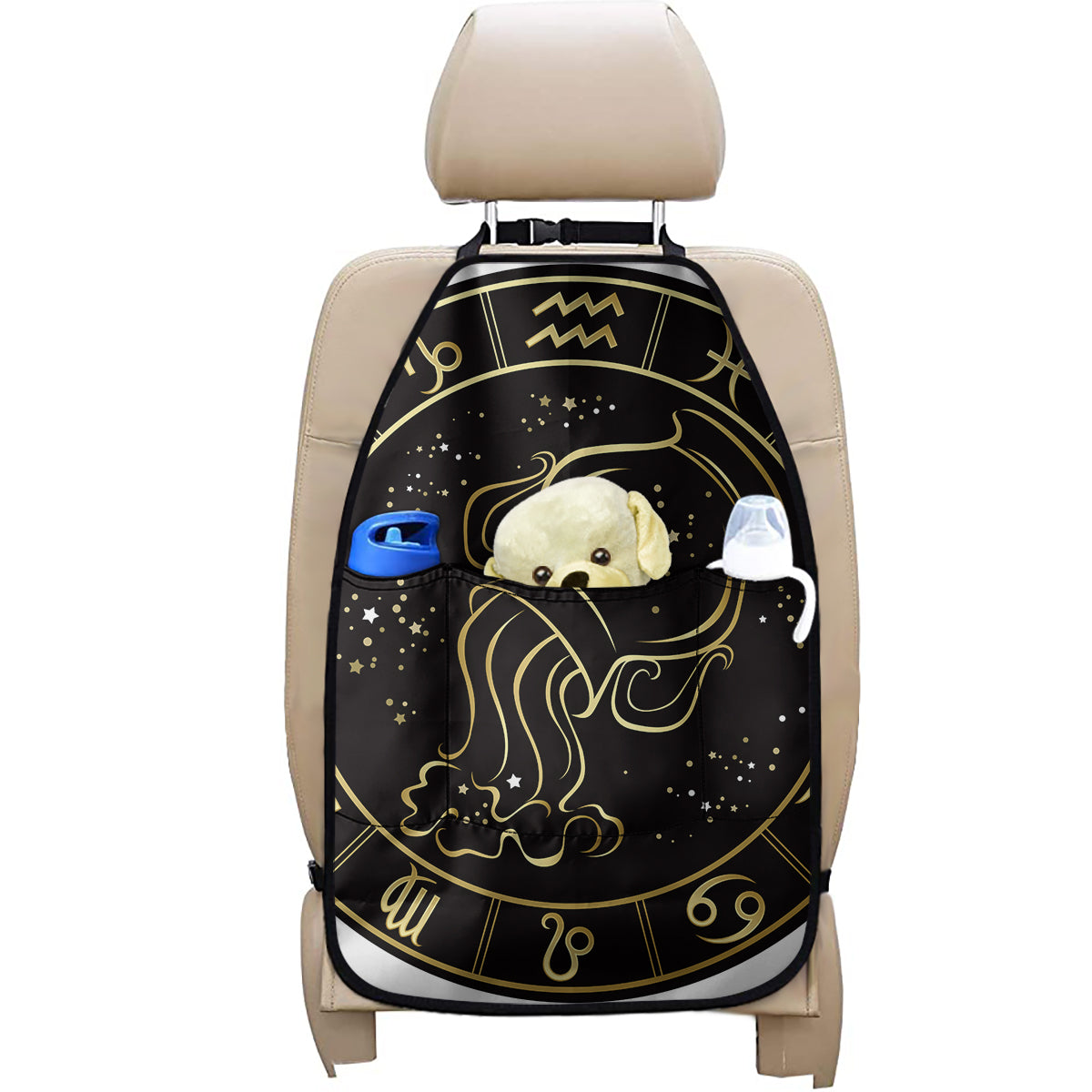 Gold And Black Aquarius Sign Print Car Seat Organizers