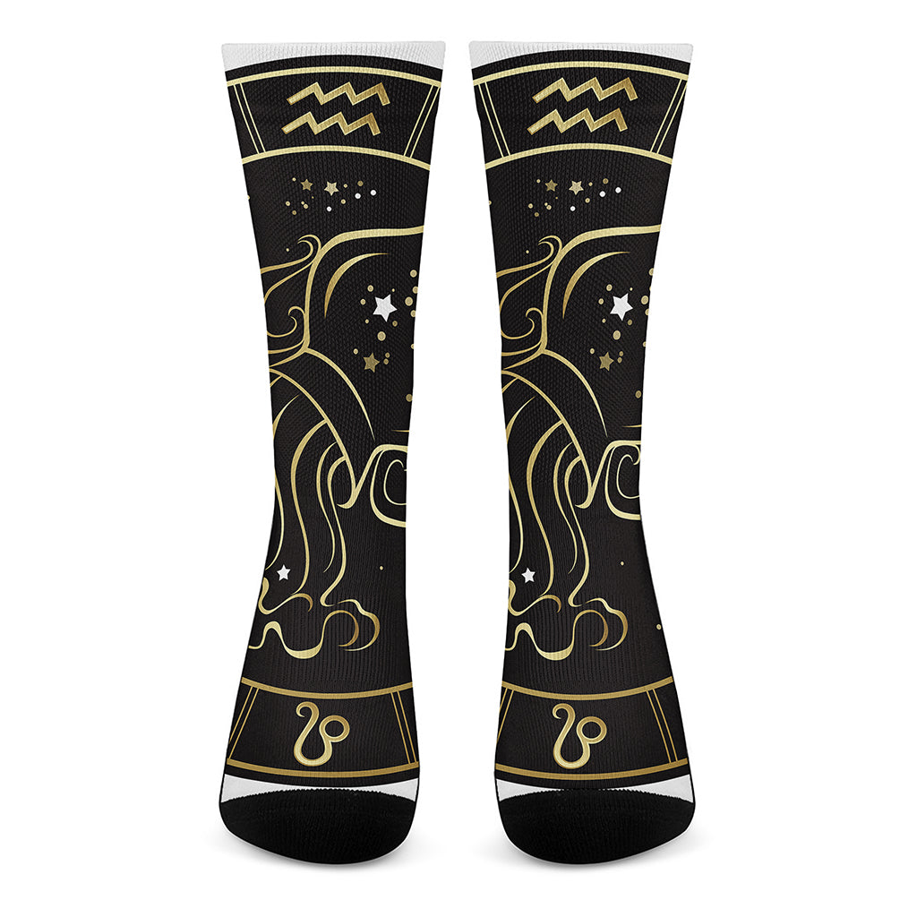 Gold And Black Aquarius Sign Print Crew Socks