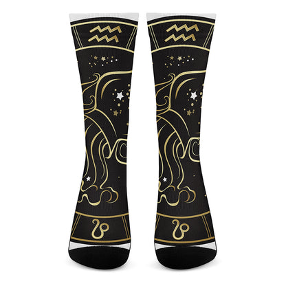 Gold And Black Aquarius Sign Print Crew Socks