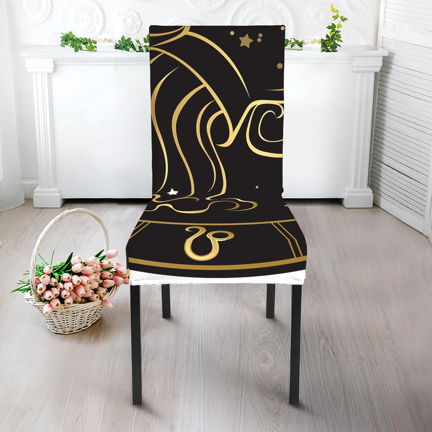 Gold And Black Aquarius Sign Print Dining Chair Slipcover