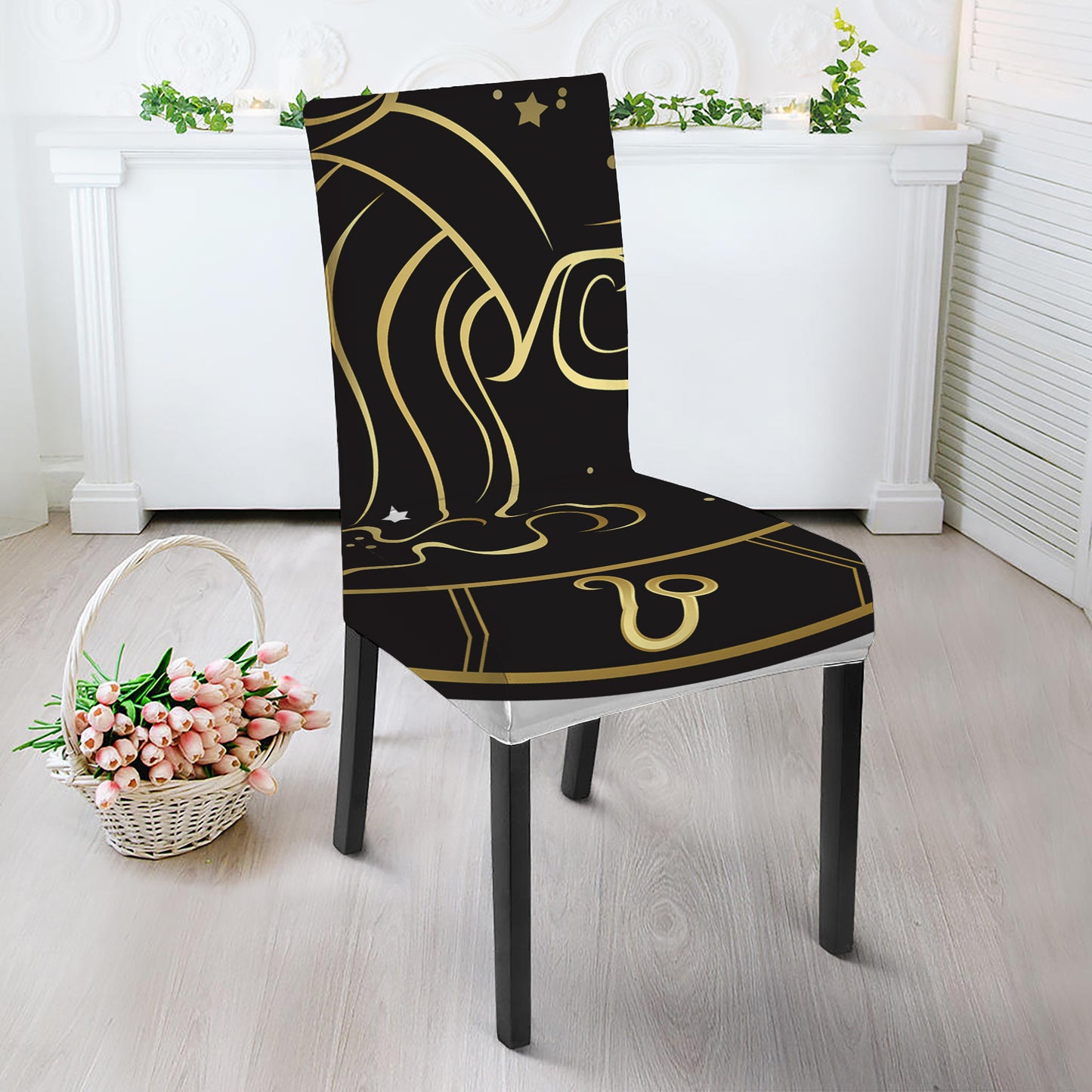 Gold And Black Aquarius Sign Print Dining Chair Slipcover