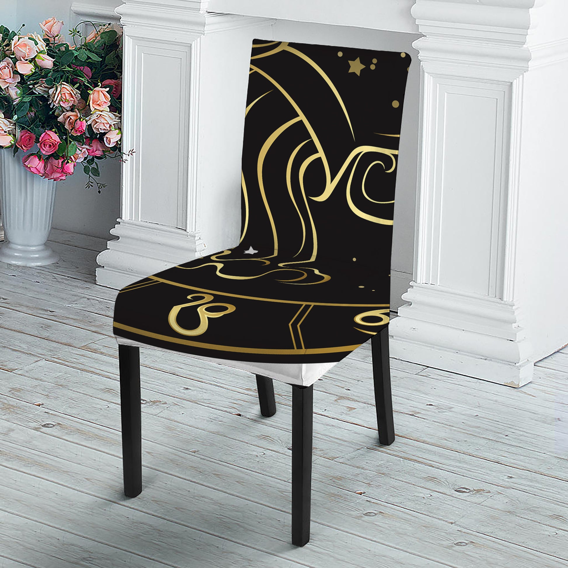 Gold And Black Aquarius Sign Print Dining Chair Slipcover