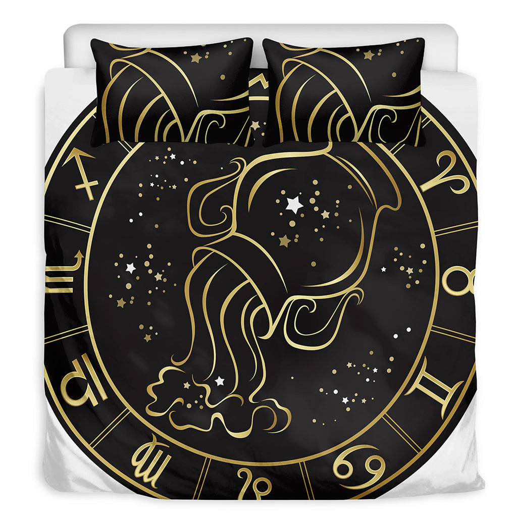 Gold And Black Aquarius Sign Print Duvet Cover Bedding Set
