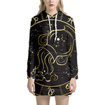 Gold And Black Aquarius Sign Print Pullover Hoodie Dress