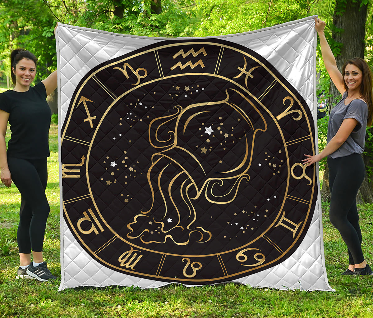 Gold And Black Aquarius Sign Print Quilt