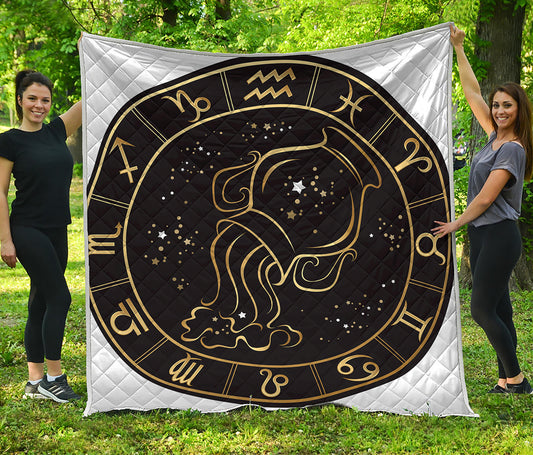 Gold And Black Aquarius Sign Print Quilt