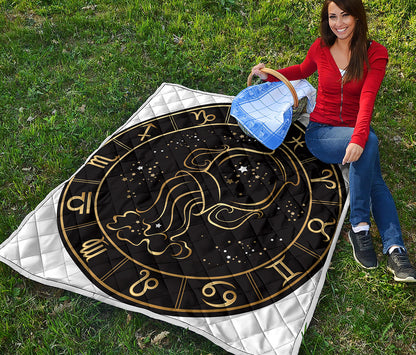 Gold And Black Aquarius Sign Print Quilt