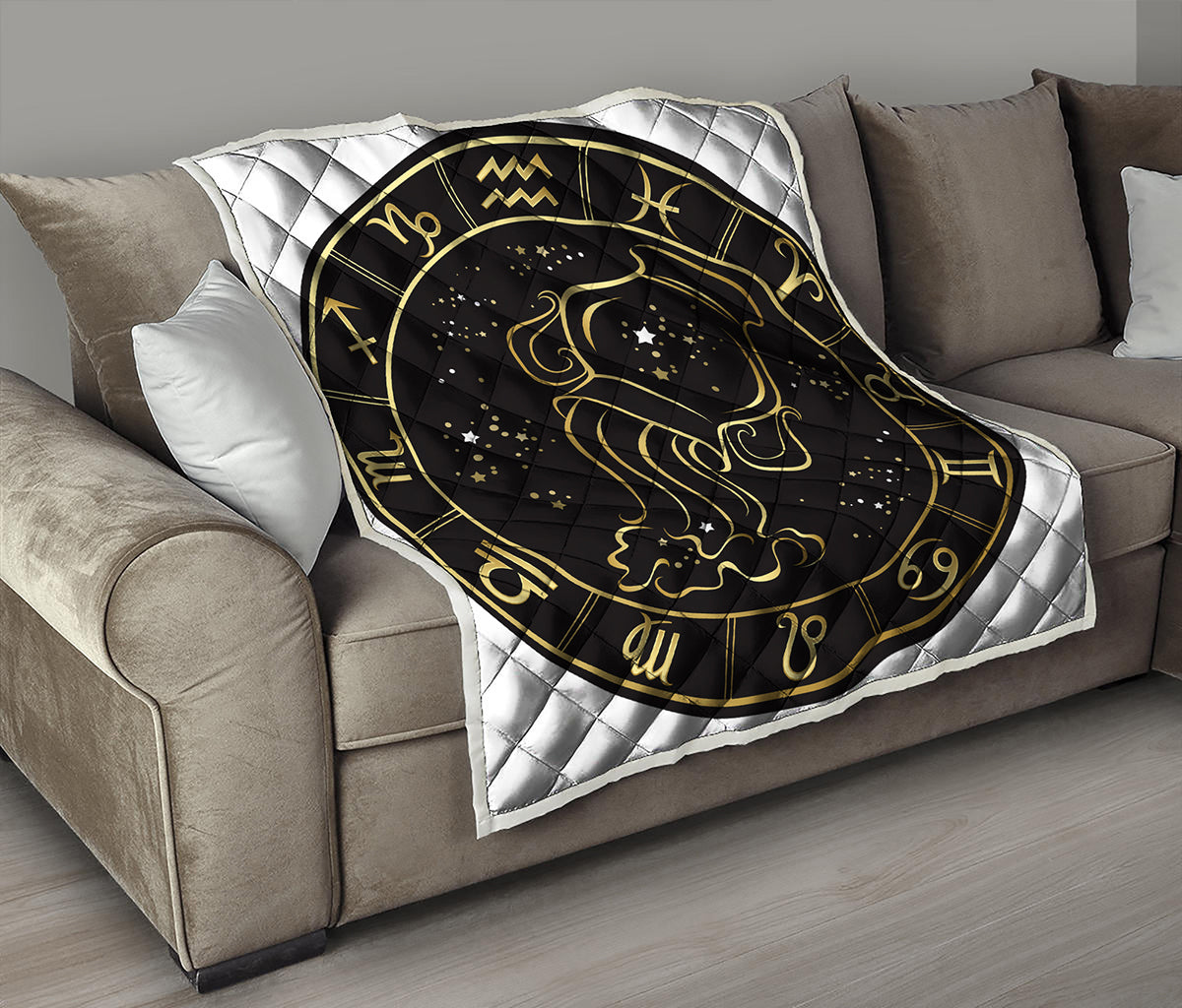 Gold And Black Aquarius Sign Print Quilt