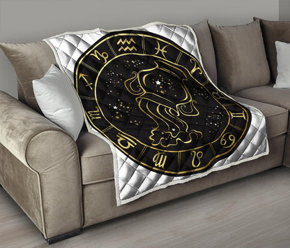 Gold And Black Aquarius Sign Print Quilt