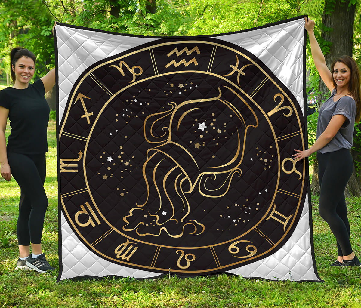 Gold And Black Aquarius Sign Print Quilt