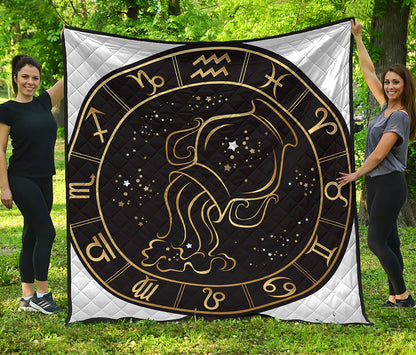 Gold And Black Aquarius Sign Print Quilt