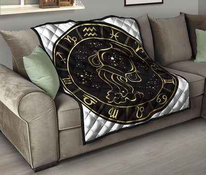Gold And Black Aquarius Sign Print Quilt