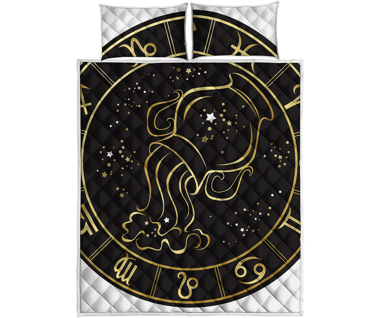 Gold And Black Aquarius Sign Print Quilt Bed Set