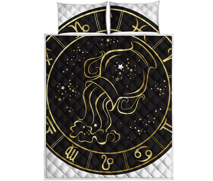 Gold And Black Aquarius Sign Print Quilt Bed Set