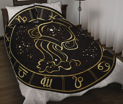 Gold And Black Aquarius Sign Print Quilt Bed Set