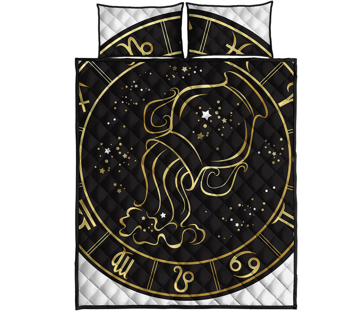 Gold And Black Aquarius Sign Print Quilt Bed Set