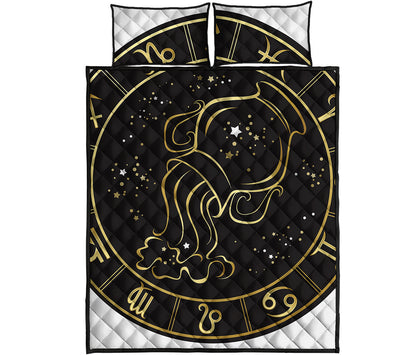 Gold And Black Aquarius Sign Print Quilt Bed Set