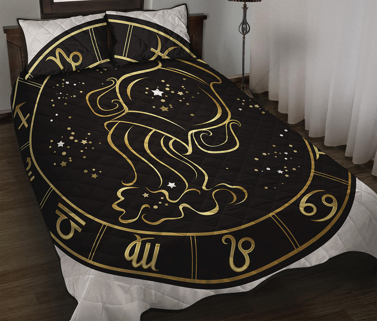 Gold And Black Aquarius Sign Print Quilt Bed Set
