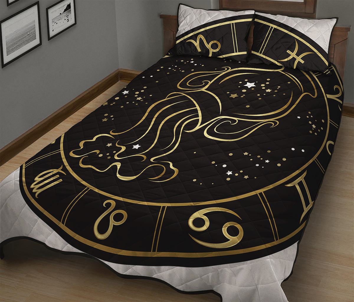 Gold And Black Aquarius Sign Print Quilt Bed Set