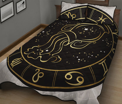 Gold And Black Aquarius Sign Print Quilt Bed Set