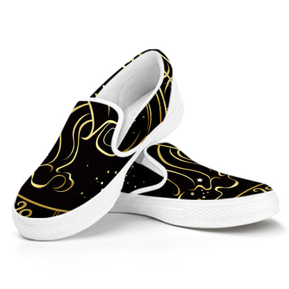 Gold And Black Aquarius Sign Print White Slip On Shoes