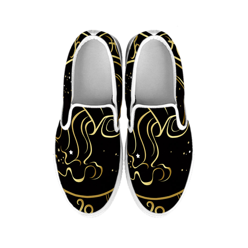 Gold And Black Aquarius Sign Print White Slip On Shoes
