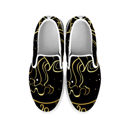 Gold And Black Aquarius Sign Print White Slip On Shoes