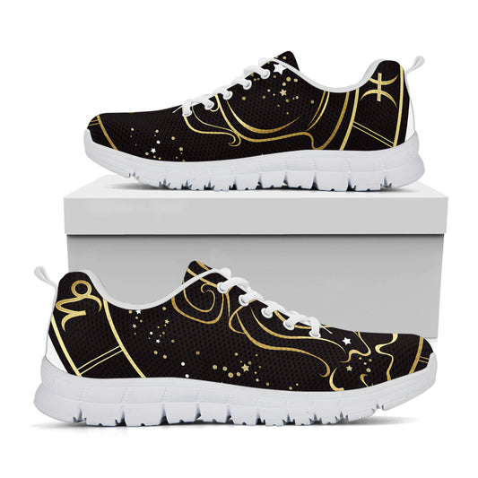 Gold And Black Aquarius Sign Print White Sneakers