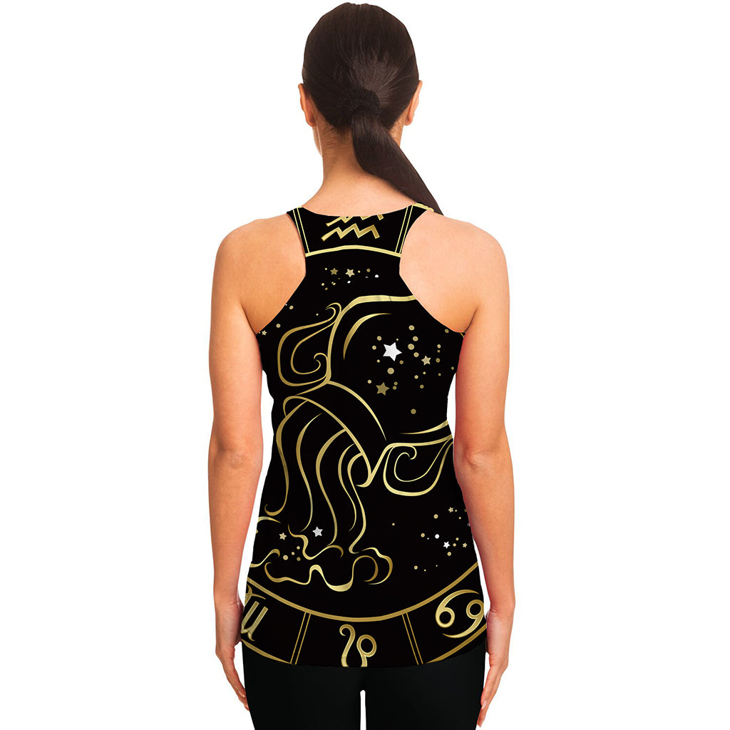 Gold And Black Aquarius Sign Print Women's Racerback Tank Top