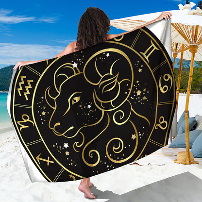 Gold And Black Aries Sign Print Beach Sarong Wrap