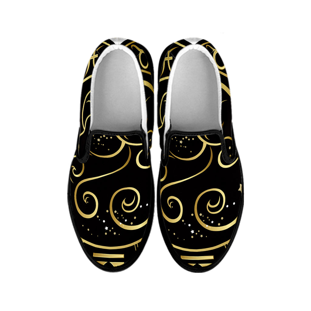 Gold And Black Aries Sign Print Black Slip On Shoes